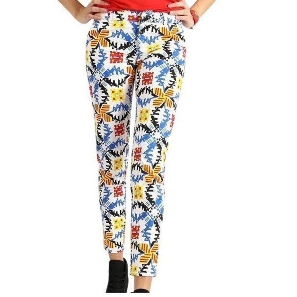 MSGM Women White Multi Geometric Abstract Print Cotton Crop Pants 40 IT 4 US